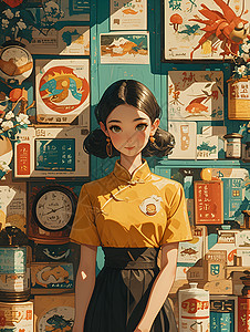 香港茶餐厅香港复古女孩插画