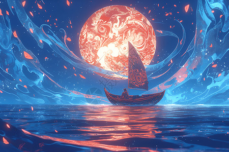 红月素材红月下的浮船插画