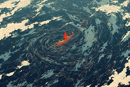 红色曲线背景红色船只插画