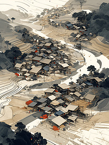 茅草房山村画卷插画