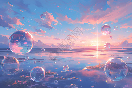 泸沽湖夕阳映照夕阳映照下的泡泡插画