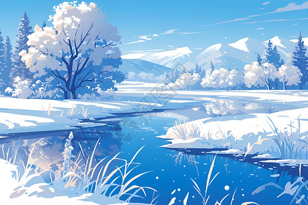 雪后美景白雪如画的冬日插画