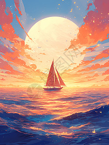 蓝色海洋波浪夕阳下的航行插画