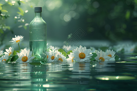 塑料瓶水中的花朵插画