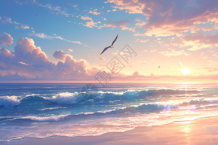 日出太阳飞翔的海鸥插画