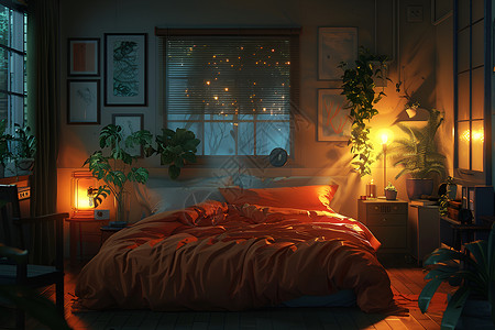 房间照明温馨的卧室插画