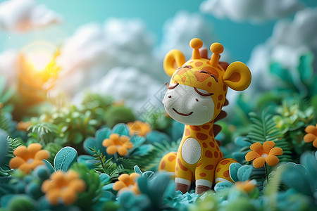 站立米奇玩偶玩具长颈鹿在花草丛中插画