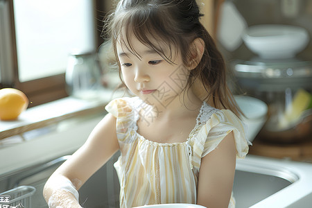 做家务的孩子小女孩在水槽中洗碗背景