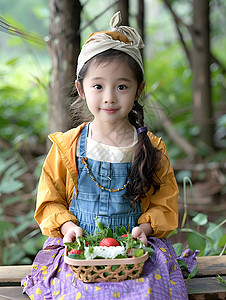 小女孩手持食物篮背景图片