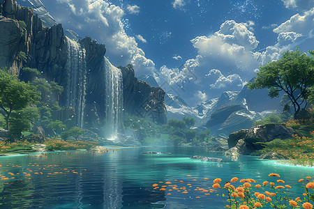 神奇的瀑布湖泊背景图片