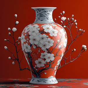 高架艺术花瓶绽放梅花的花瓶插画