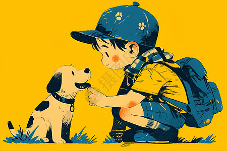 宠物和小孩草地上背包小孩和小狗插画