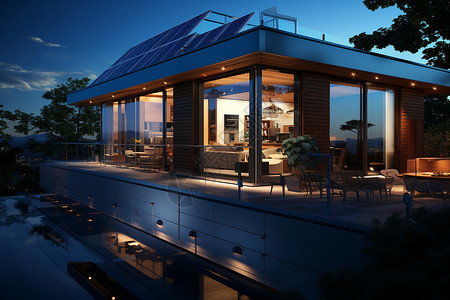 太阳能别墅夜幕下的太阳能屋顶背景