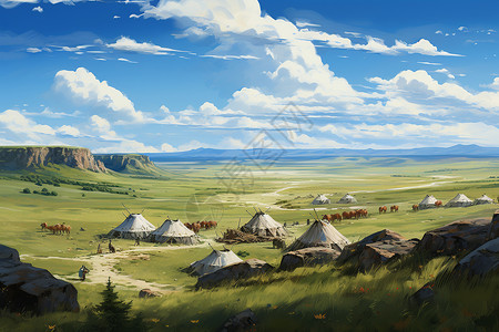 拉琴游牧民族草原上的游牧民族插画