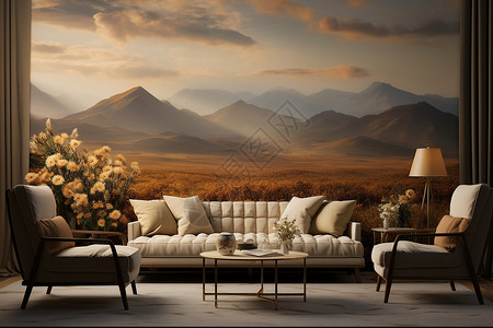 草原壁画前的沙发背景图片
