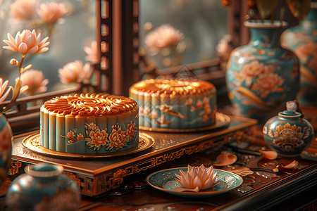 青花瓷月饼盒背景图片