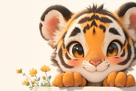 可爱的小老虎和花丛高清图片
