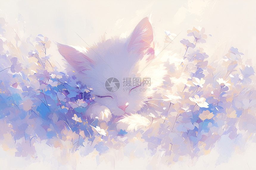 白猫沉眠花丛间图片