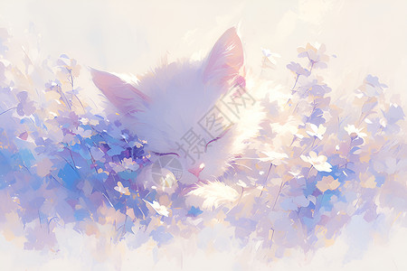 舒眠白猫沉眠花丛间插画