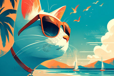 夏日沙滩上的猫咪背景图片