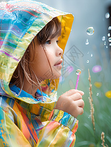 穿着雨衣的女孩吹泡泡背景图片