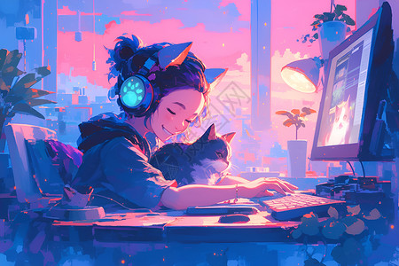 抱电脑女孩戴着耳机抱着猫咪加班插画