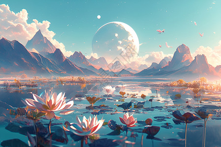湖中盛开的莲花背景图片