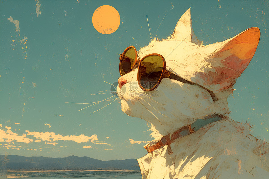 海滩上戴着墨镜的猫咪图片