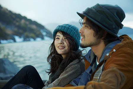 湖边的青年男女背景图片