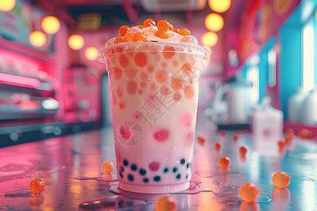 蜜桃味粉色果汁美味的珍珠奶茶背景