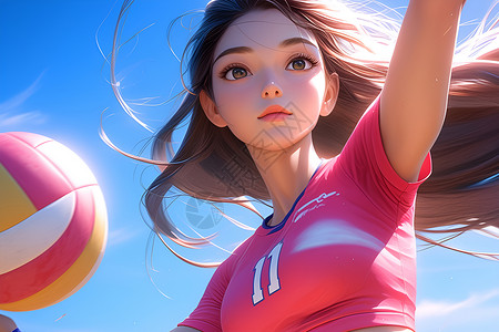 蓝天下打排球的少女高清图片