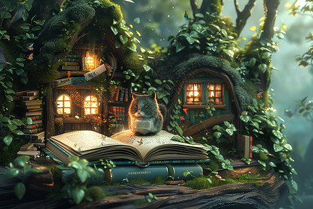 奇幻森林小屋前的书本背景图片