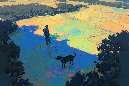 夕阳下遛狗的人背景图片