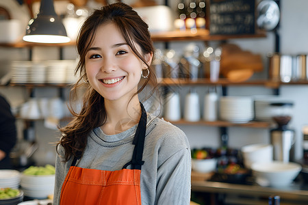 圍裙厨房里快乐的女子背景