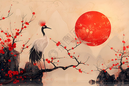 红梅上的丹顶鹤背景图片