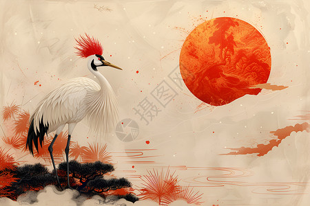 落日下的红冠鹤背景图片