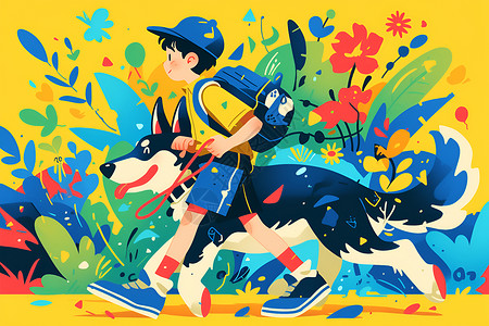 奔跑在草地上的男孩和狗背景图片