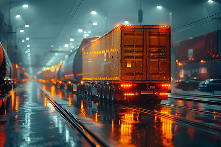 集装箱堆场夜晚雨中行驶的卡车插画