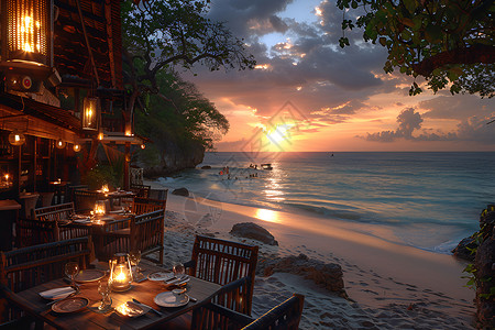 日落海边餐厅背景图片