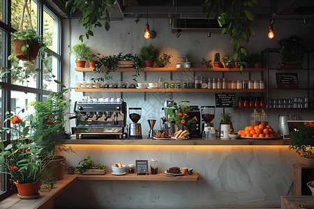 咖啡厅装修餐厅里的植物与美食背景