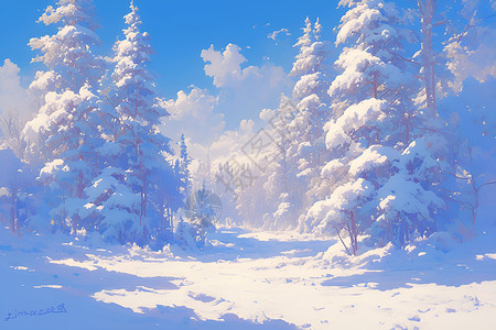雪地树木冬日的林间奇景插画