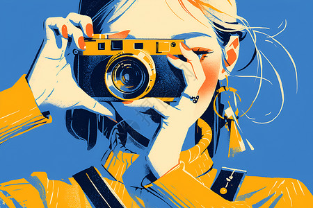 使用相机拍照的韩系女孩青年摄影师插画