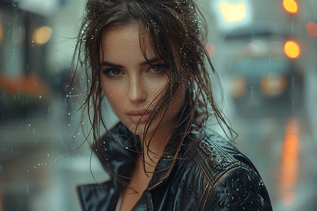 雨天穿着黑色皮衣的女孩背景图片