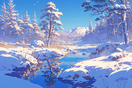 冬日梦幻森林溪流高清图片