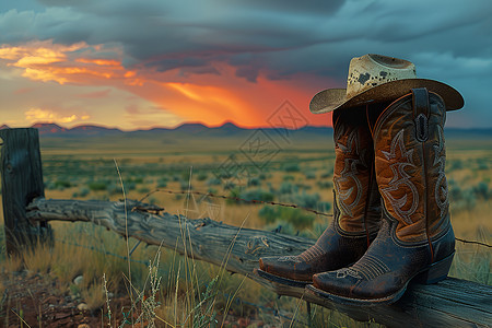 草原上的牛仔靴和帽子背景图片