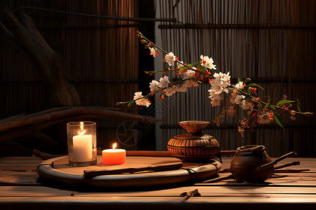 桌上的蜡烛盒花朵高清图片