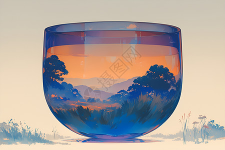 山水融合的陶盆背景图片