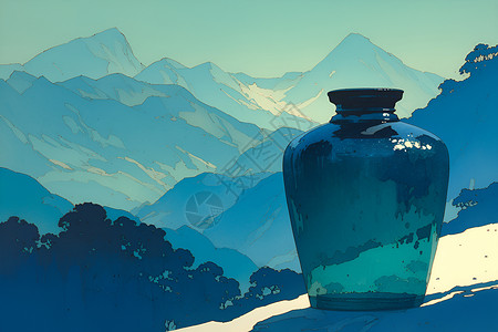 蓝色山青瓶盆景青瓷器高清图片