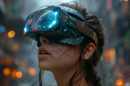恋爱中少女夜幕下的城市中的VR少女设计图片