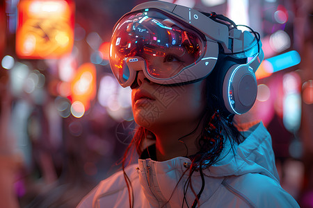 荷花中少女城市中戴VR眼镜的科技少女设计图片